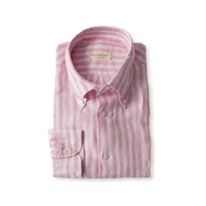Rosa/Weiß gestreiftes Leinen-Hemd mit Button-Down